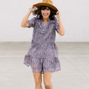 Anthropolgie The Korner Navy Floral Short Sleeve Ruffled  Dress Small